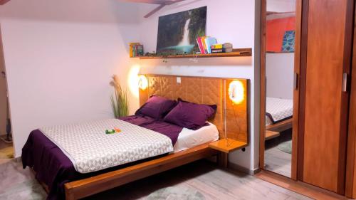 a bedroom with a bed with purple pillows and a mirror at Suite ultra moderne Wi-Fi in Yaoundé