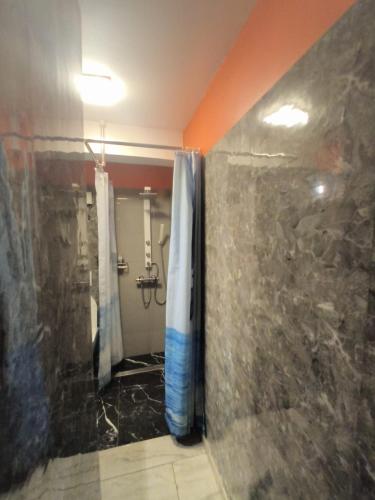 a bathroom with a shower and a stone wall at Suite ultra moderne Wi-Fi in Yaoundé