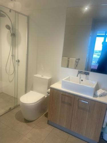 a bathroom with a toilet and a sink and a shower at RNR on Franklin in Adelaide
