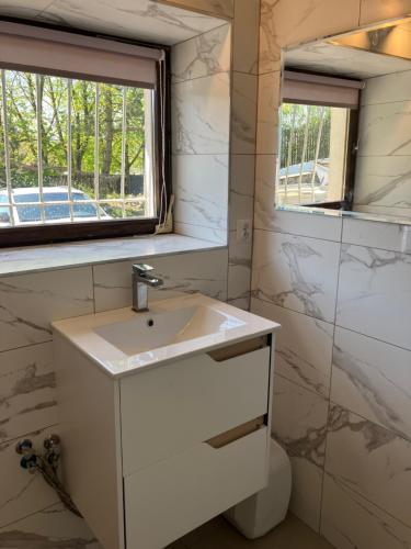 a bathroom with a white sink and a window at Ubytování ve vinici in Hustopeče
