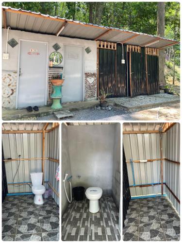 three pictures of a bathroom with a toilet and a fence at Khao Phang Camping in Ban Pha Saeng Lang