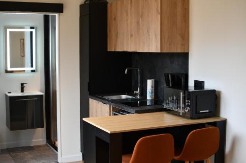 a kitchen with a counter with a sink and a microwave at Lilikaz in Saint-Laurent-de-la-Prée