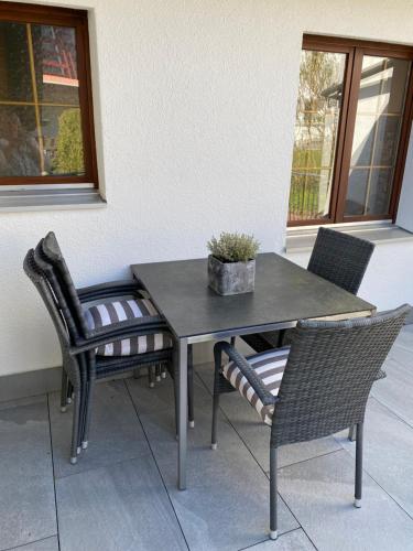 a table and chairs with a potted plant on a patio at Tierparkunterkunft in Goldau