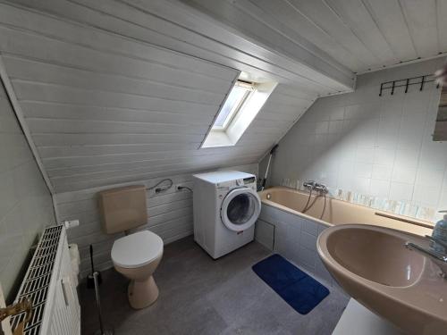 a bathroom with a toilet a sink and a washing machine at Gemütliche Wohnung in Pforzheim in Pforzheim