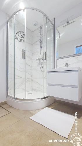 a bathroom with a shower and a white sink at Aux Marches du Château in Murol
