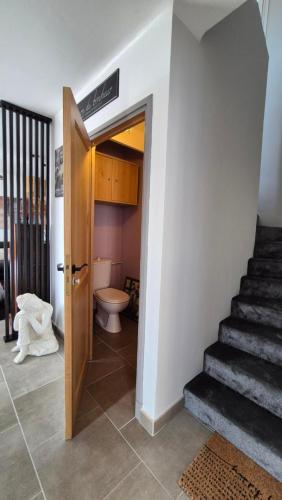 a bathroom with a toilet and a staircase with a door at Maison canal - Douceur Occitane in Moissac