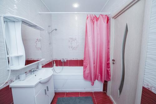 baño con cortina de ducha rosa y lavamanos en Apartment on Khakima with Kremlin View, en Kazán