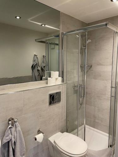 a bathroom with a toilet and a glass shower at Seaside-Amrum-6 in Norddorf