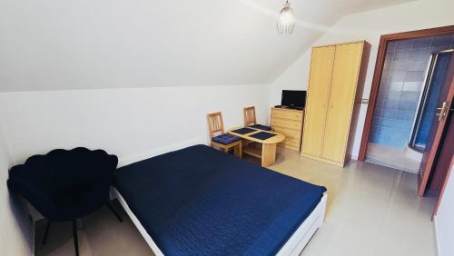 a bedroom with a bed and a desk and a chair at Villa Henry in Grzybowo