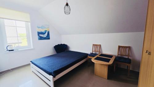 a bedroom with a bed and a table and two chairs at Villa Henry in Grzybowo