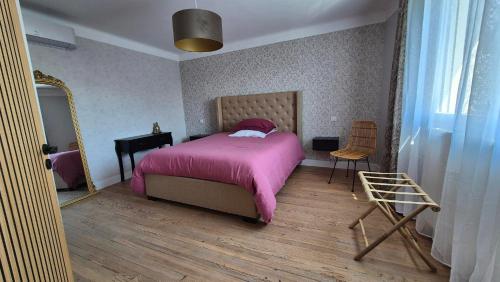 a bedroom with a pink bed and a mirror at Maison canal - Douceur Occitane in Moissac