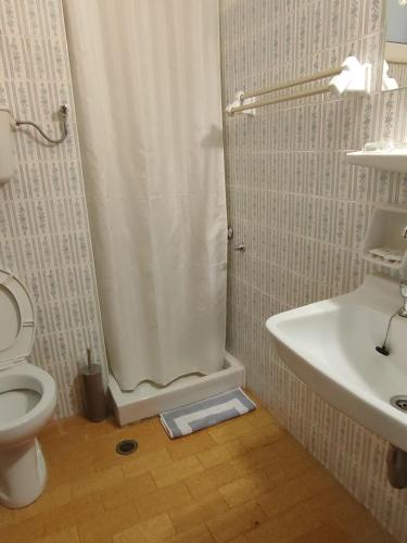 a bathroom with a shower and a toilet and a sink at Ermis in Loutra Ipatis
