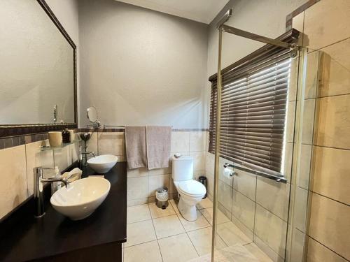 a bathroom with a toilet and a sink and a shower at Abangane Guest Lodge in Hazyview