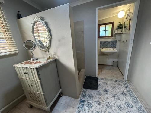 a bathroom with a mirror and a sink and a toilet at Mariri Farm Cottage in Patentie