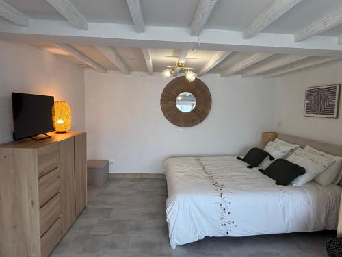 a bedroom with a bed and a flat screen tv at Toue de Loire in Chaumont-sur-Loire