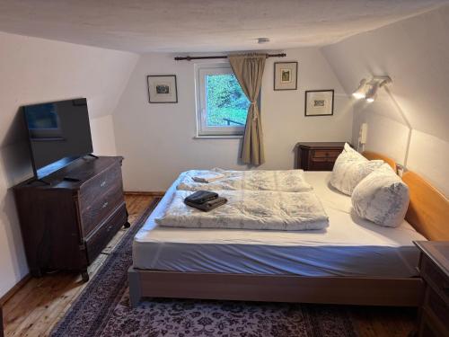 a bedroom with a bed with a dresser and a television at Haus Abendsonne in Bad Schandau