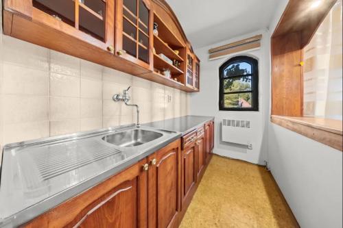 a kitchen with a sink and wooden cabinets at Chata Danube in Gabčíkovo