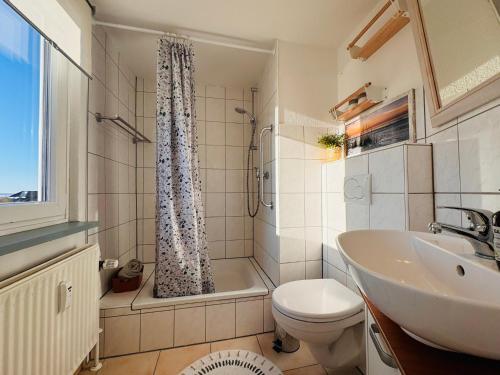 a bathroom with a sink and a toilet and a shower at Nordkiek No 8 Für 4 Person mit Meerblick in Westerholz