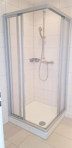 a shower with a glass door in a bathroom at Alte Teestube Alte Teestube 14 in Norderney