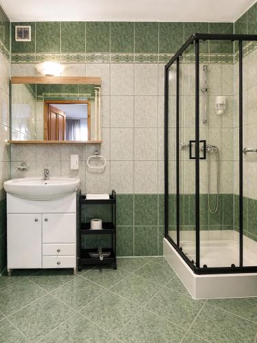 a bathroom with a sink and a shower at Amphora Kompleks Wypoczynkowy in Krynica Zdrój