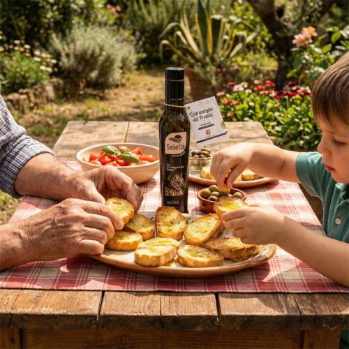 a man and a child sitting at a table with a plate of food at Agriturismo Salella in Salento