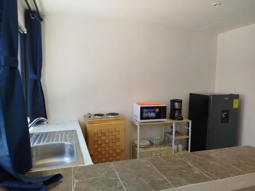 a kitchen with a sink and a refrigerator at Casa San Rafael in Oaxaca City