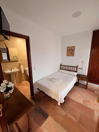 a small bedroom with a bed and a bathroom at Hostal Los Amigos in Olivenza