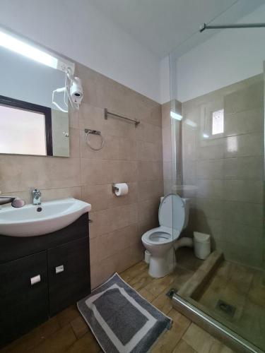 a bathroom with a sink and a toilet and a shower at Paradise studios in Nikiti