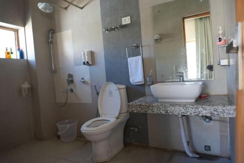 a bathroom with a toilet and a sink at Overland Heights - Near Leh Airport in Leh