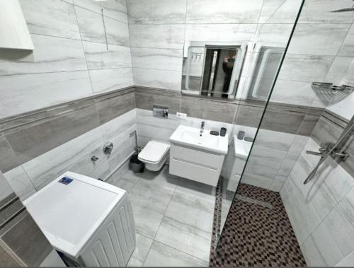a bathroom with a sink and a toilet and a mirror at Апартаменти в ЦЕНТРІ ІМПЕРІАЛ in Truskavets