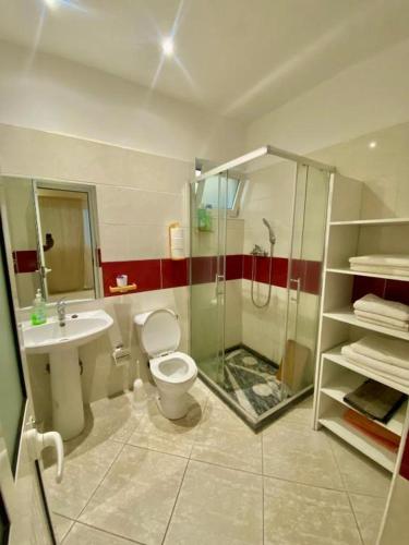 a bathroom with a shower and a toilet and a sink at Monte Do Bem-Estar Tarrafal in Tarrafal