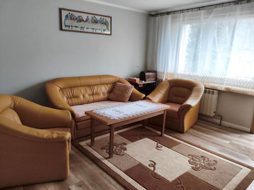 a living room with two couches and a coffee table at Apartament Przy Puszczy Białowieskiej in Hajnówka