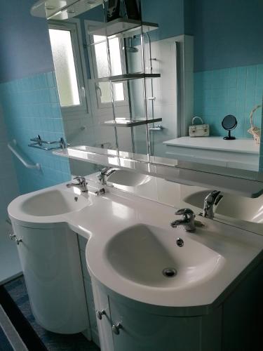 a bathroom with a white sink and a mirror at Chez Christine in Sarrancolin