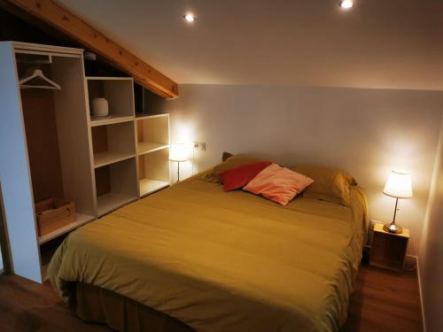 a bedroom with a bed with two lamps and shelves at Gîte Calme - Vue sur Garonne - Parking privé in Baurech