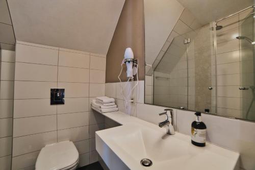 a bathroom with a sink and a toilet and a mirror at La Clef des Champs - Proche Colmar in Biesheim