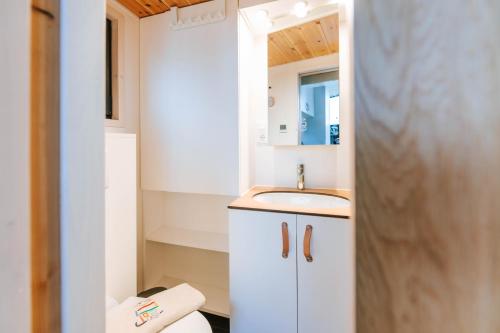 a small bathroom with a sink and a toilet at Tiny Seaside - Kegnæs in Østerby