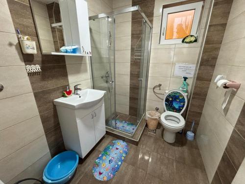 a bathroom with a shower and a toilet and a sink at Vila Mir Banja Vrujci in Gunjica