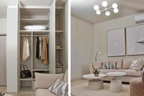 two pictures of a living room with a couch and a table at Zoi Suite - fully renovated luxury apartment in Chalkida