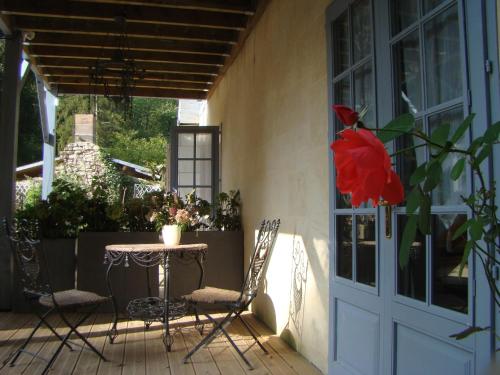 a patio with a table and chairs and a red flower at Le jardin de Saint Jean in Saint-Jean-aux-Bois