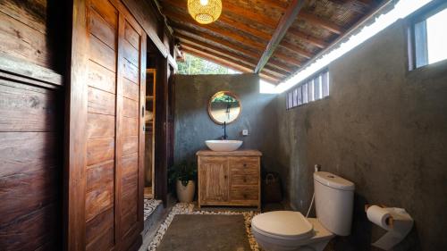 a bathroom with a toilet and a sink and a mirror at Nari Swari Sidemen in Karangasem