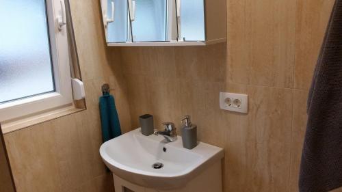 a bathroom with a white sink and a window at Holiday Park Mimoza in Bašanija