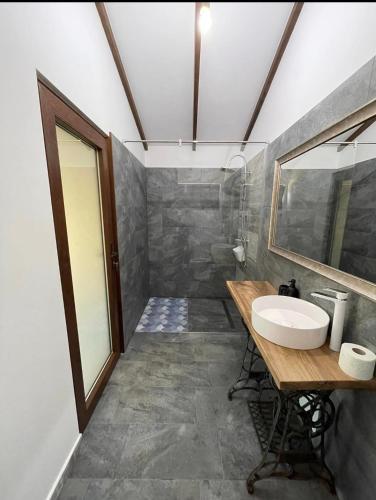 a bathroom with a sink and a mirror at Anchor Boutique- Clisura Dunării in Liborajdea