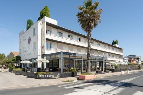a hotel with a palm tree in front of it at Hôtel du Midi Plage in Palavas-les-Flots