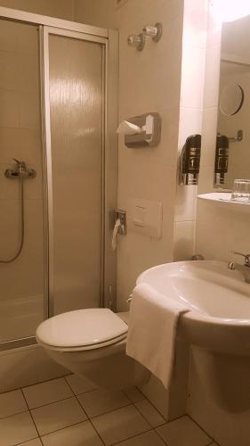 a bathroom with a toilet and a sink and a shower at Hotel Restaurant Krone in Bad Brückenau