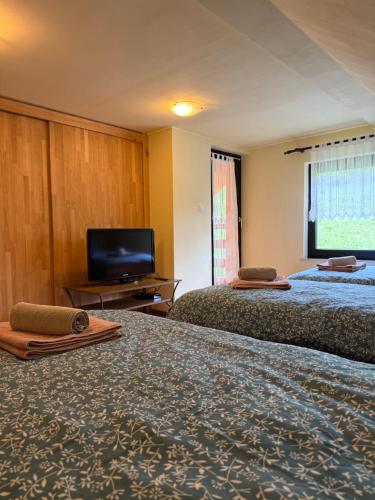 a hotel room with two beds and a flat screen tv at Hideaway Kos in Loka pri Žusmu