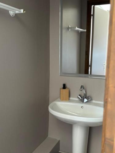 a white bathroom with a sink and a mirror at LES TERRASSES DU LAC in Chaumard