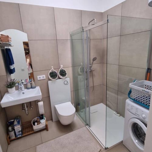 a bathroom with a shower and a toilet and a sink at Favola Marina in Scalea