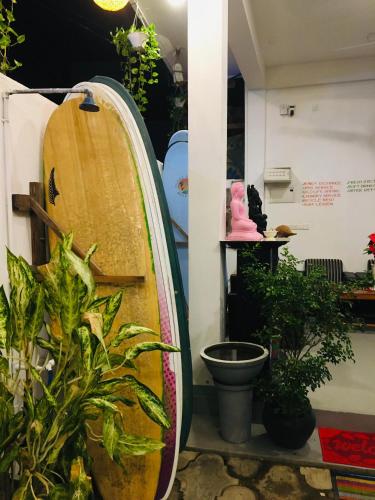 a surfboard leaned up against a wall next to plants at Saffron Swell Villa in Arugam Bay