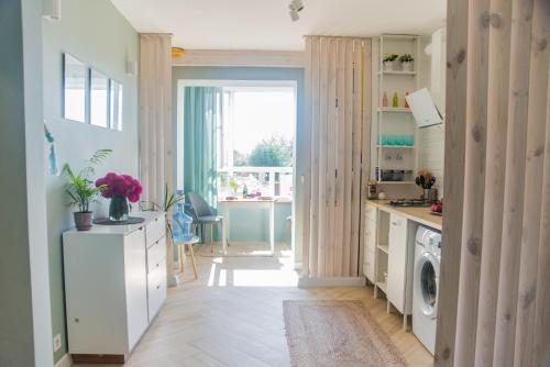 a kitchen with a washer and dryer at Kolo in Boryspil