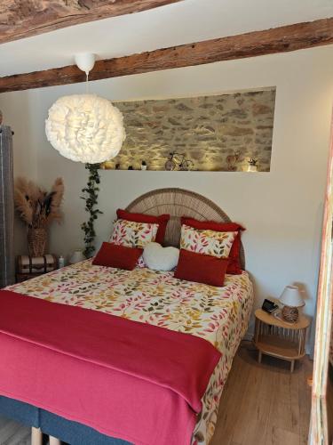 a bedroom with a large bed with red pillows at entre vignes et canal in Azille